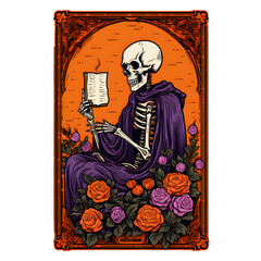 Halloween Readers ,Skeleton reading a book with flowers , styles tarot card, Made with Generative Ai.