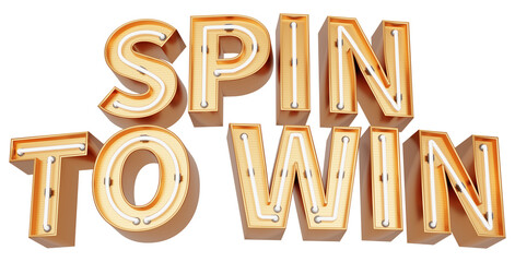 Golden 3d text with glowing neon tube. typography. 3D illustration. SPIN TO WIN.