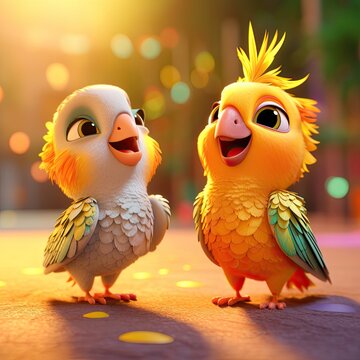 Adorable tiny birds 3d cartoon, two birds singing