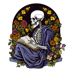 Halloween Readers ,Skeleton reading a book with flowers ,Made with Generative Ai.
