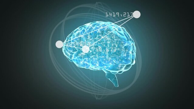 Animation of human brain and data processing over dark background