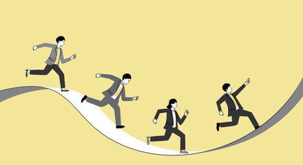 曲がりくねった道を走る男女のビジネスパーソンのイラスト、ベクター