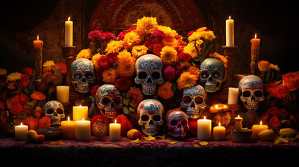 Decorated Dia de los Muertos altar with marigold flowers and Vibrant sugar skull makeup on. Day of Dead traditional decoration. Generative Ai. - obrazy, fototapety, plakaty