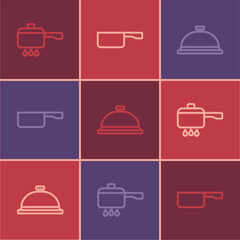 Set line Cooking pot on fire, Covered with tray of food and Frying pan icon. Vector