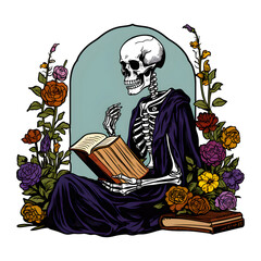 Halloween Readers ,Skeleton reading a book with flowers ,Made with Generative Ai.