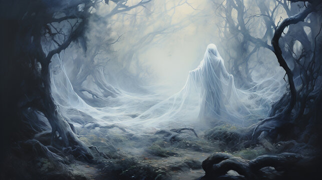 Misty forest with gnarled trees. A spectral figure in a flowing white gown drifts among the trees, evoking an ethereal and spooky atmosphere. Generative Ai.