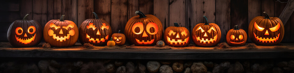 Carved glowing pumpkins with spooky faces on doorstep. Halloween pumpkins on rustic wood background. Generative Ai.
