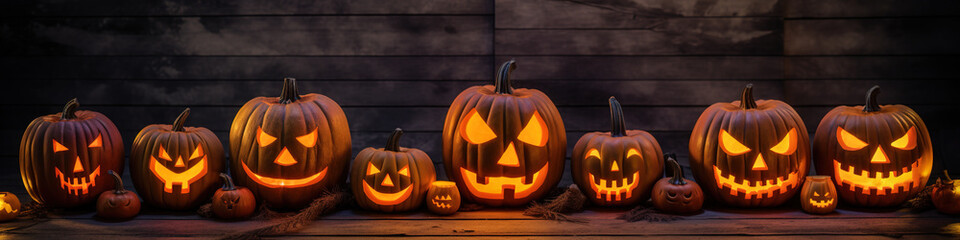 Carved glowing pumpkins with spooky faces on doorstep. Halloween pumpkins on rustic wood background. Generative Ai.