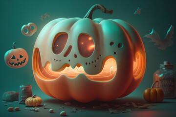 Halloween 3D illustration. Cute white Halloween pumpkin with funny face. Generative Ai.