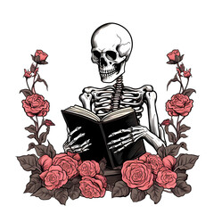 Halloween Readers ,Skeleton reading a book with flowers, color pink,Made with Generative Ai.