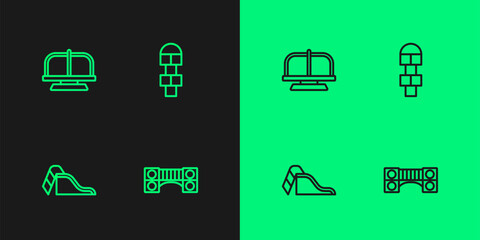 Set line Playground kids bridge, Slide playground, Attraction carousel and Hopscotch icon. Vector