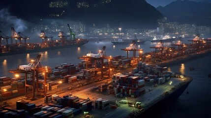 Container port in Hong Kong during night time. Created with Generative Ai technology.