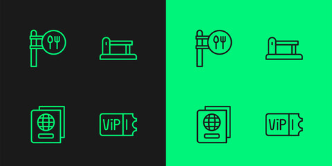 Set line Train ticket, Passport, Cafe and restaurant location and Railway barrier icon. Vector