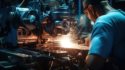 Finishing metal working on lathe grinder machine with sparks with blue light Generative AI - obrazy, fototapety, plakaty
