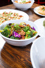 A view of a teriyaki chicken bowl.