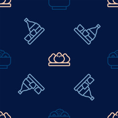 Set line Chow mein on plate, Bottle of sake and Dumpling on seamless pattern. Vector