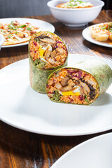 A view of a kimchi fried rice burrito.