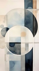 Abstract Watercolor beige and blue spheres brush stroke abstraction, ai