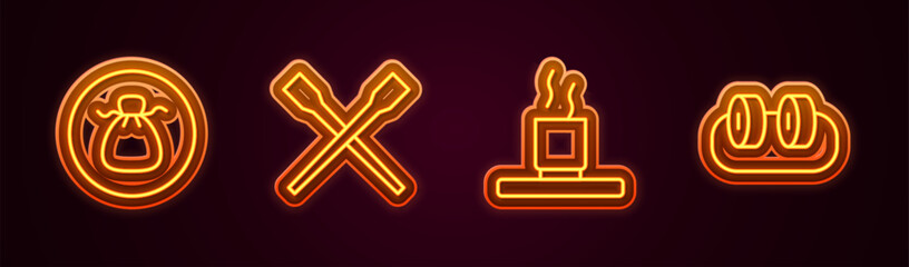 Set line Wonton, Food chopsticks, Cup of tea and Sushi. Glowing neon icon. Vector
