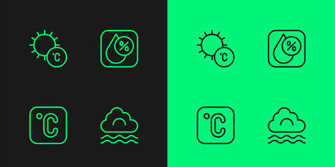 Set line Fog and cloud, Celsius, Sun and Water drop percentage icon. Vector