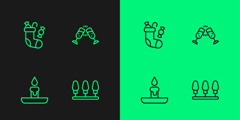 Set line Christmas lights, Burning candle, stocking and Glass of champagne icon. Vector