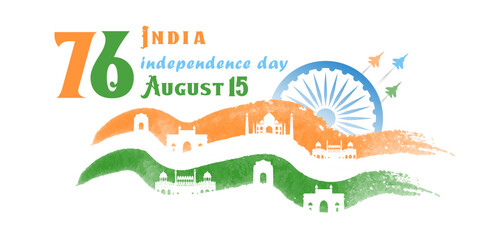 Indian Independence Day illustration with Indian flag, planes, national architecture buildings! Red Fort.