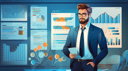 an illustration of man analyst analyzes data and creating insight reports on a business analytics dashboard containing KPIs, charts, and metrics created by generative AI