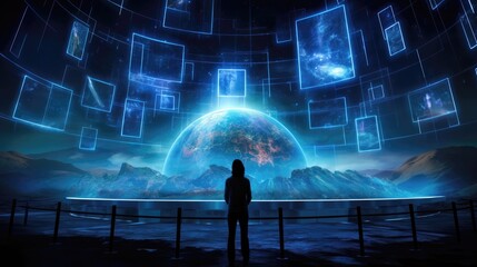 Futuristic hologram screen landscape transports observers to distant galaxies, filling their minds with wonder and awe. Generative AI
