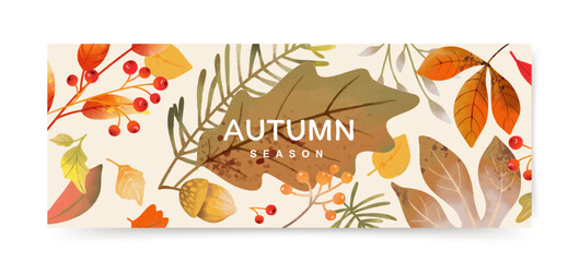 Fall season banner with watercolor leaves, branches and berries. Creative autumn background. Vector illustration