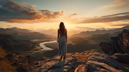 Fototapeten Girl standing on top of cliff at sunset Generative AI © pector