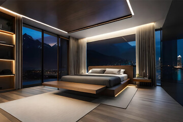 Interior design of a contemporary and luxurious bedroom with a floating bed,laser lighting, mood lighting, and high-tech amenities for a sleek and futuristic ambiance | Generative AI