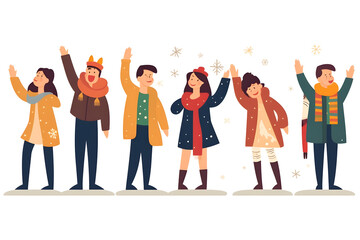 Obraz premium Joyous Christmas and New Year celebration. Happy people in winter clothes. Illustration in flat character cartoon style. Generative ai