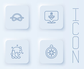 Set line Nautical rope knots, Anchor, Tsunami and Compass. White square button. Vector