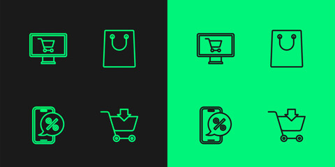 Set line Add to Shopping cart, Percent discount on phone, monitor and Paper shopping bag icon. Vector