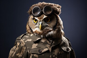 An owl in an army military uniform with glasses on a dark background.