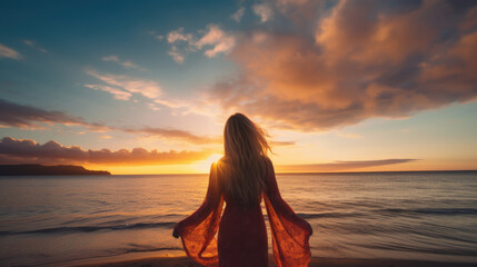 woman on beach shore looking at sea at sunset. freedom and vacation concepts