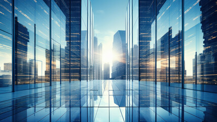 office business building interior, modern design with glass windows and city skyline reflections