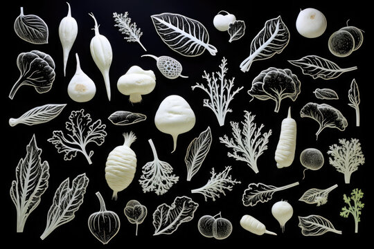 A Simple Layout Of White Root Vegetables And Lettuce Leaves On A Black Background.