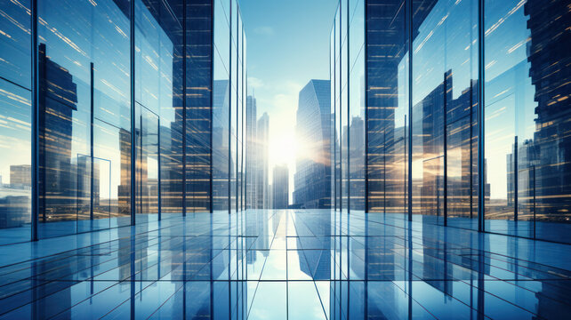 office business building interior, modern design with glass windows and city skyline reflections