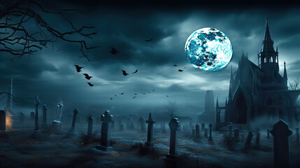 Haunted Night Spooky Cemetery to Castle in the Dark with Full Moon, Bats, and Halloween Vibes. created with Generative AI