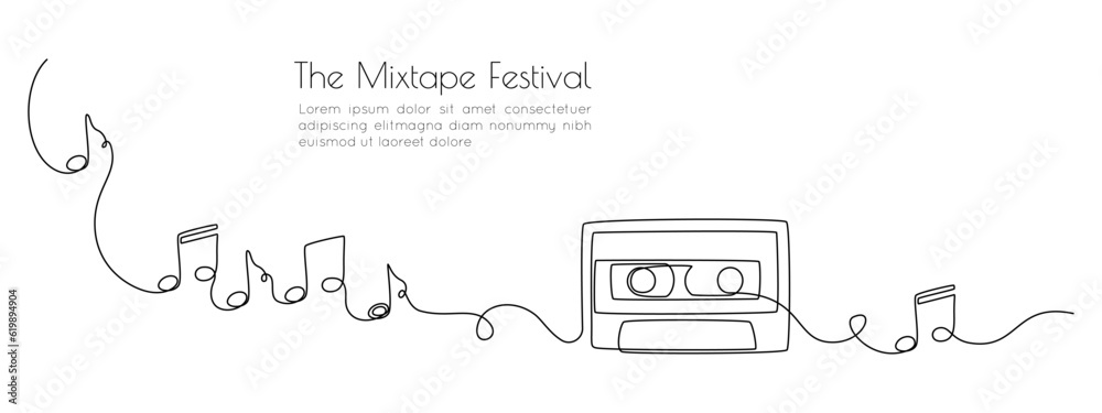 Aufkleber One continuous line drawing of audio cassette tape with notes. Retro and nostalgic music and mixtape concept for web banner in simple linear style. Editable stroke. Doodle Vector illustration