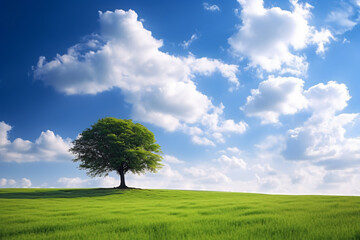 Fototapeta na wymiar Green field tree and blue skygreat as a background photography