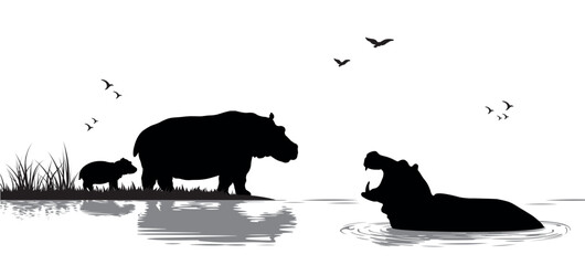 Silhouettes of animals in the savanna. African landscape with hippos and small hippopotamus. The family of animals bathes in the river. Isolated. Vector illustration - obrazy, fototapety, plakaty