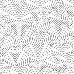 Black and white seamless pattern for coloring book in doodle style. Hearts. Valentine's Day.