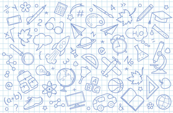 School background with various icons of education, science and stationery. Symbols and signs on sheet of exercise book. Seamless pattern. Textile, wrapping paper and website design. Isolated