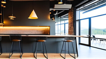 Modern interior in a cafe with bar and chairs with concrete walls and wooden floor indoors - AI Generative