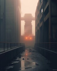 Empty factory buildings in the fog around. Created with Generative Ai technology.