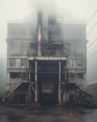 Empty factory buildings in the fog around. Created with Generative Ai technology.