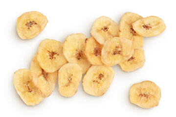 Dried banana chips isolated on white background with full depth of field. Top view. Flat lay