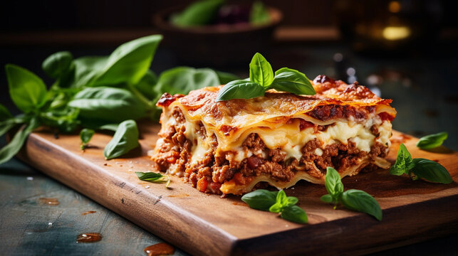 Lasagne bolognese on the wooden chopping board, Italian food. Generative AI
